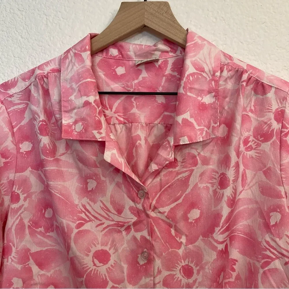 Vintage Pykettes Hawaiian Floral Pink White Button Up Large Tropical